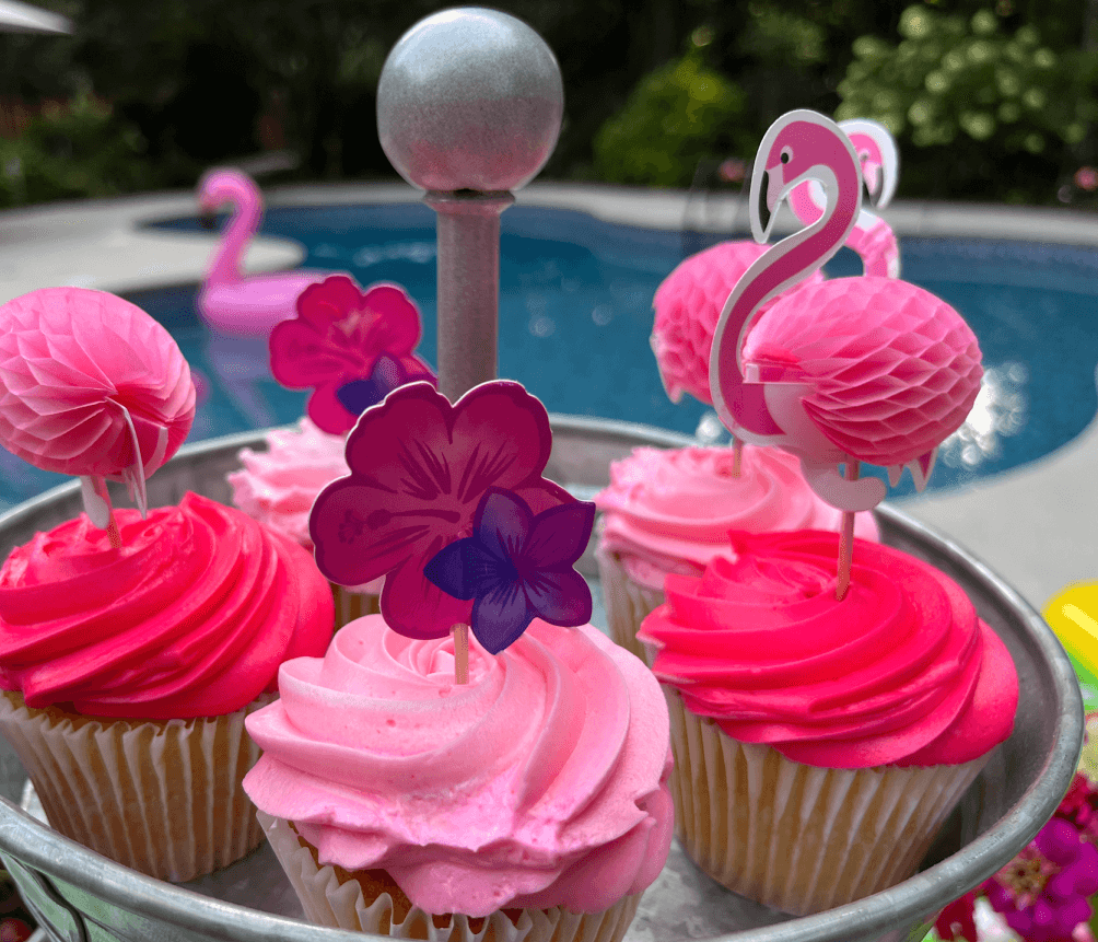 flamingo pool party cupcakes in cupcake tower
