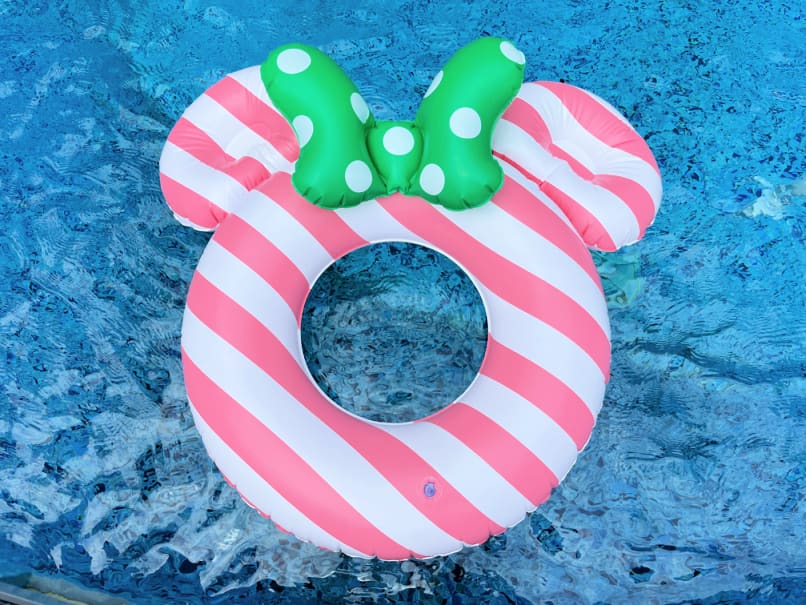 pink and white striped Minnie Mouse Pool float