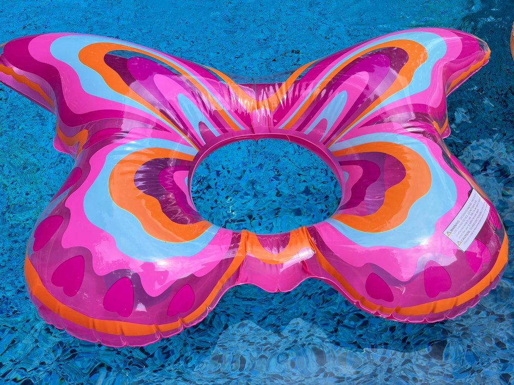 pink, orange and blue butterfly pool float
